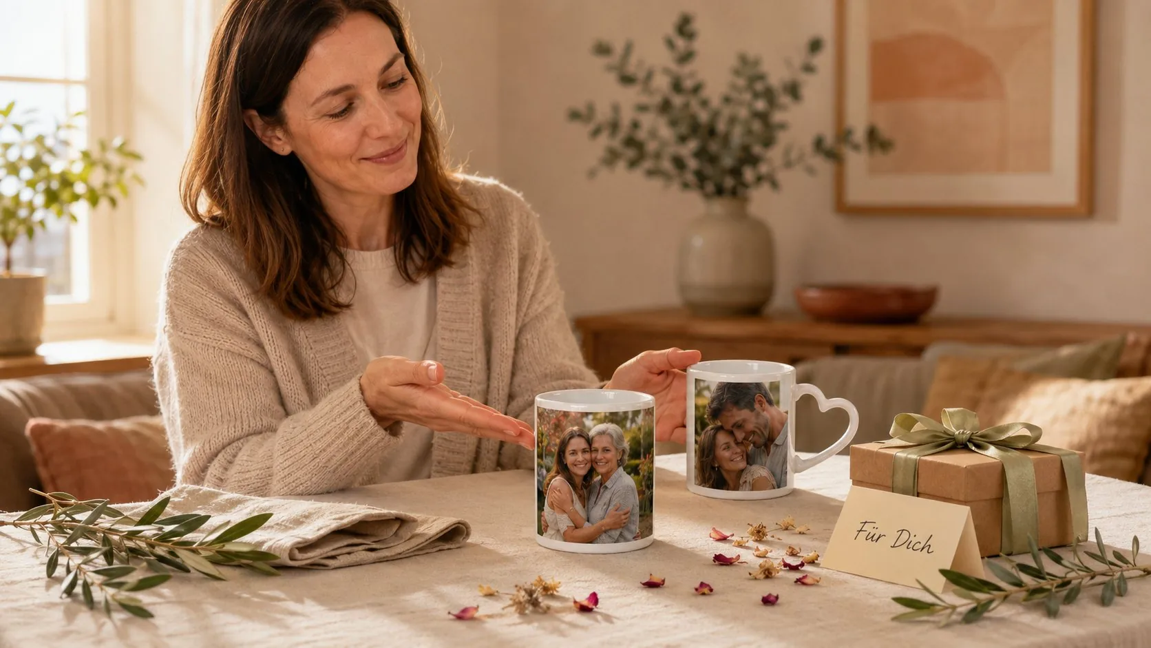 Woman handing over a photo mug with a mother-and-daughter motif and heart-handle variant as a gift with a card reading For You