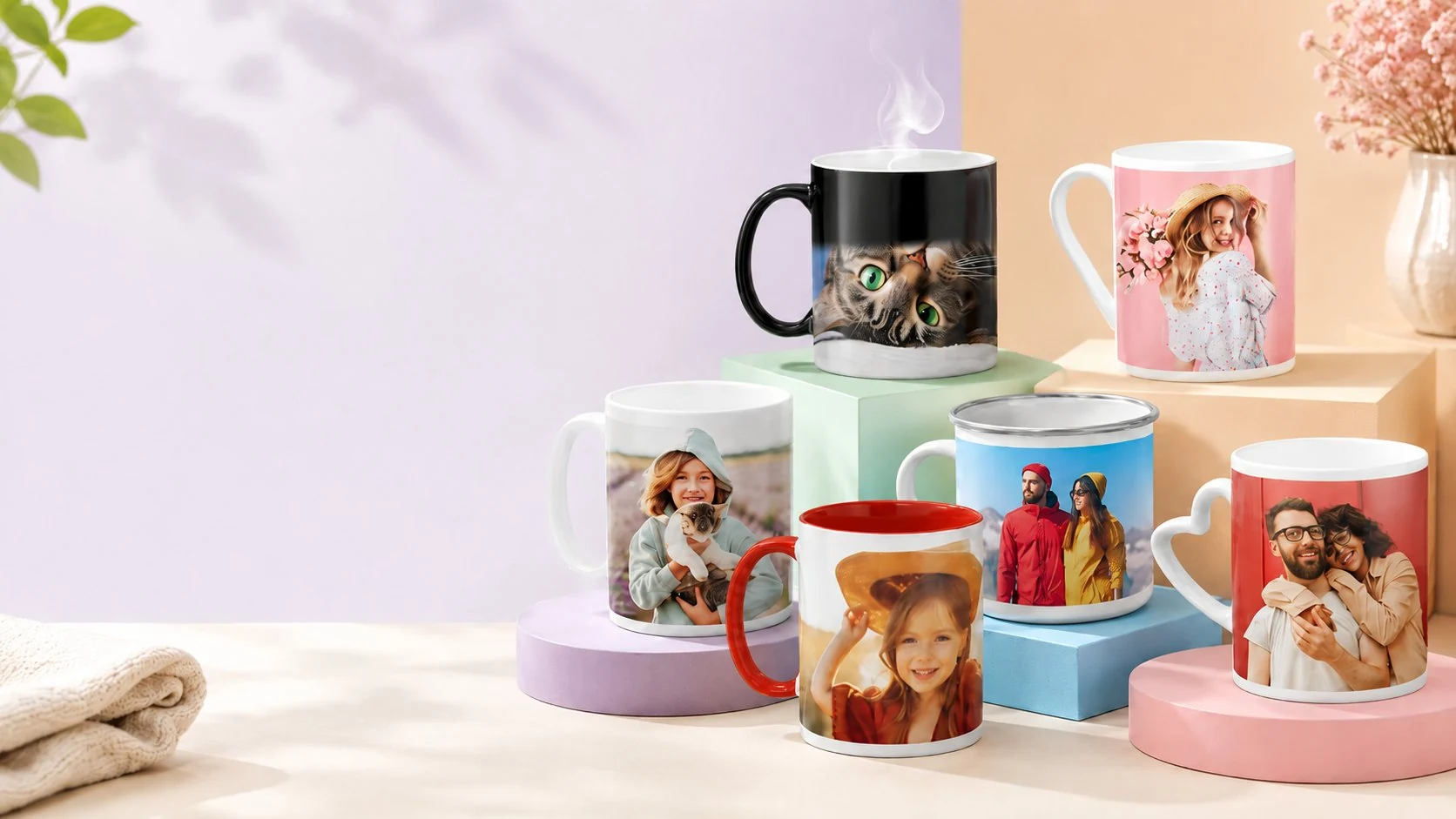 Six photo mugs with family and couple motifs compared: classic, coloured, enamel, magic and heart-handle mugs