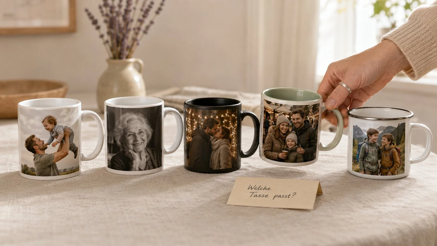 Five different photo mugs classic coloured enamel and magic compared with a card reading Which Mug Suits You