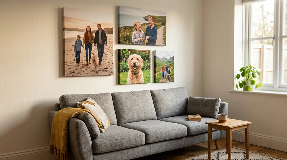 Four canvas prints of family, dog and landscape photos above a grey sofa in a UK living room