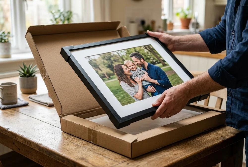 A man lifting a framed family photo print out of its cardboard postal packaging on a kitchen table