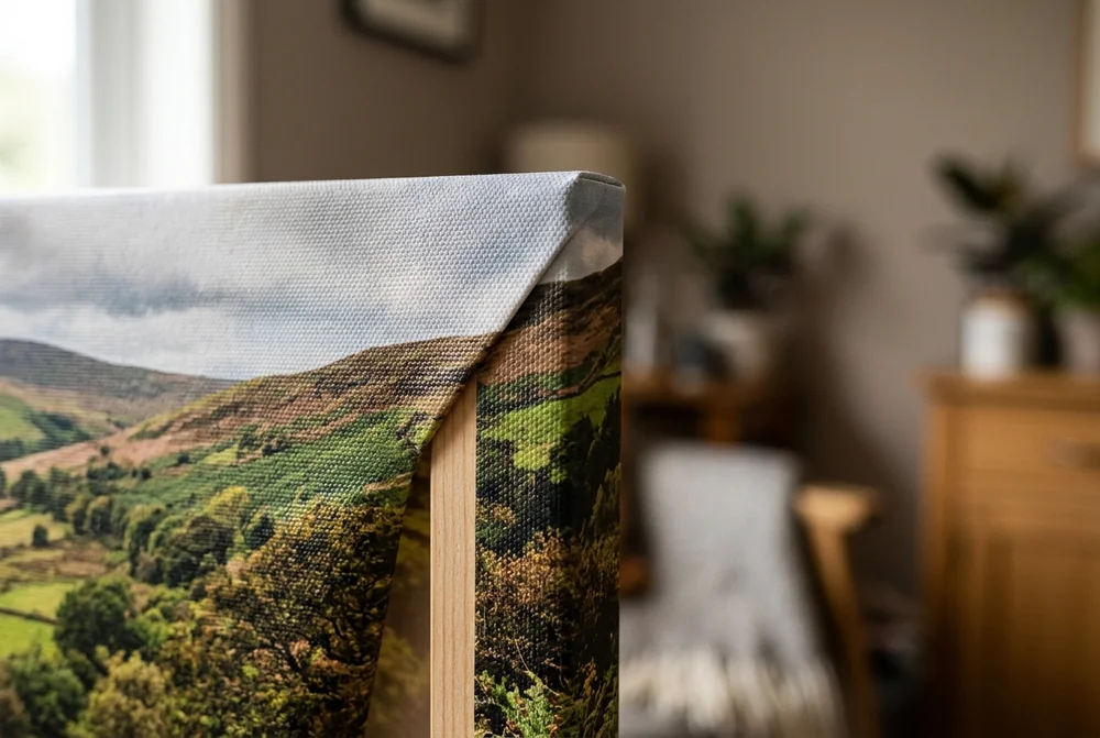 Close-up of a canvas print corner showing the woven fabric folded over a pine stretcher bar