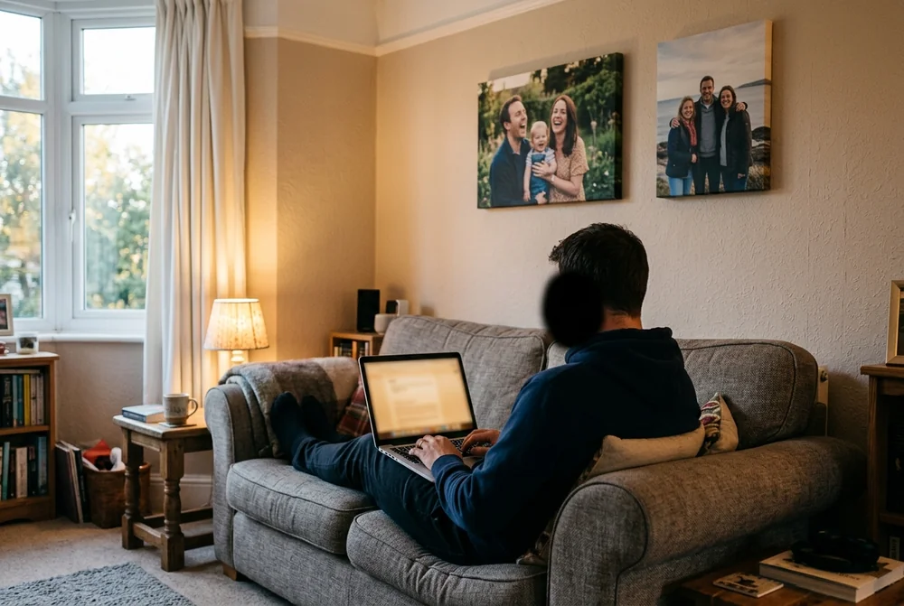 A man on a sofa reading reviews on a laptop, with two family canvas prints on the wall behind him