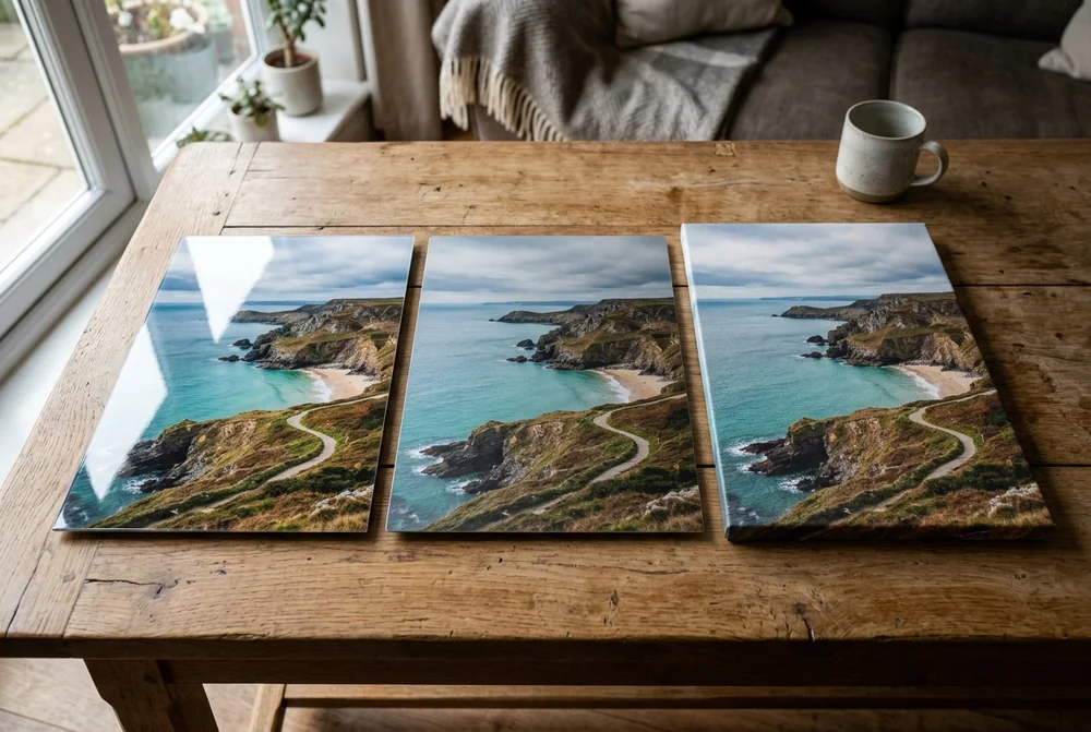 Three canvas and acrylic prints of a Cornish coastline side by side on a wooden table