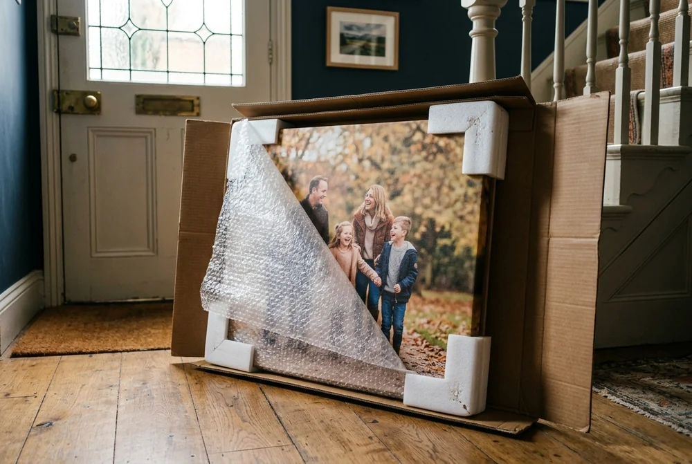 A large family canvas print in an opened box with foam corner protectors in a hallway