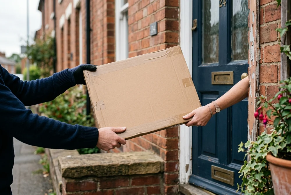 A courier handing a large flat cardboard parcel to a customer at a navy front door