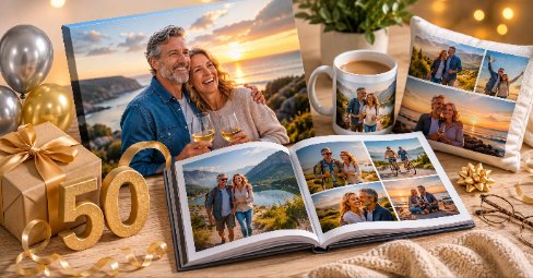 Family celebrating a 50th birthday as a man opens a personalised photo gift