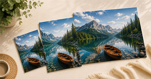A4, A3 and A2 mountain-lake prints displayed side by side on a wall to compare sizes