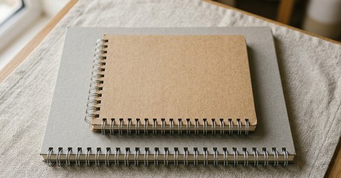 Spiral-bound personalised notebooks on a wooden desk beside a pen