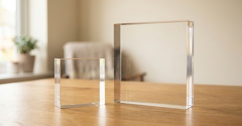 Small and large acrylic photo blocks standing side by side on a pale wooden table
