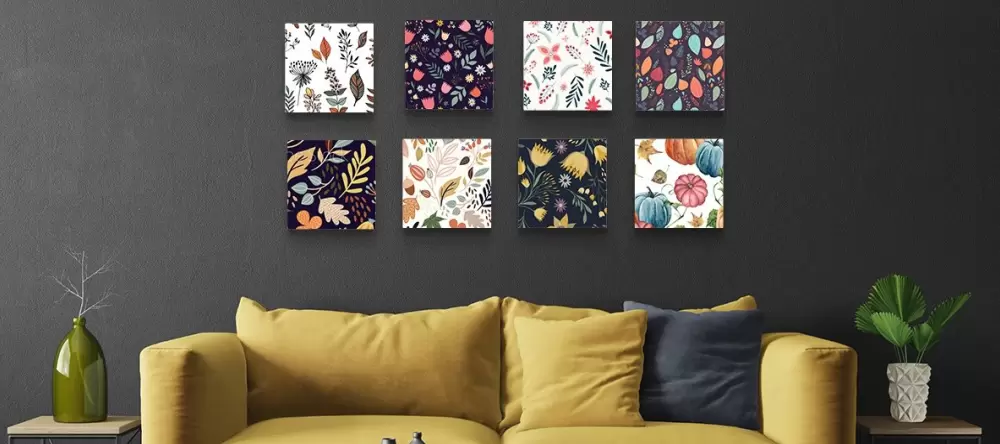 Hanging pictures without nails. Patterned prints on wall above sofa.