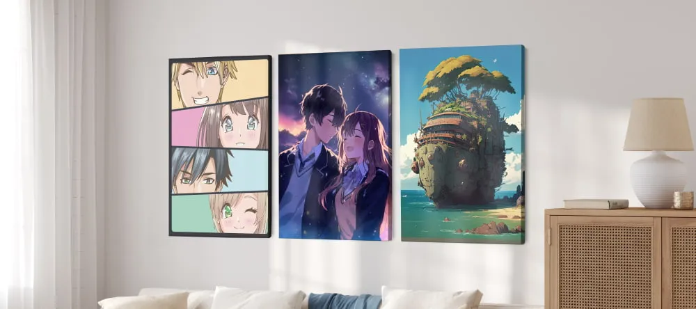 Anime on Canvas. Canvas prints with anime designs on living room wall.