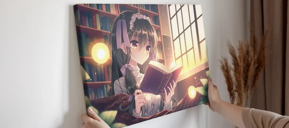 Anime on Canvas. Canvas print with anime design being held against wall.