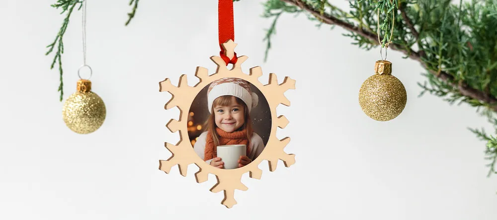 How to Decorate a Christmas Tree. Wooden Christmas decoration with photo print.