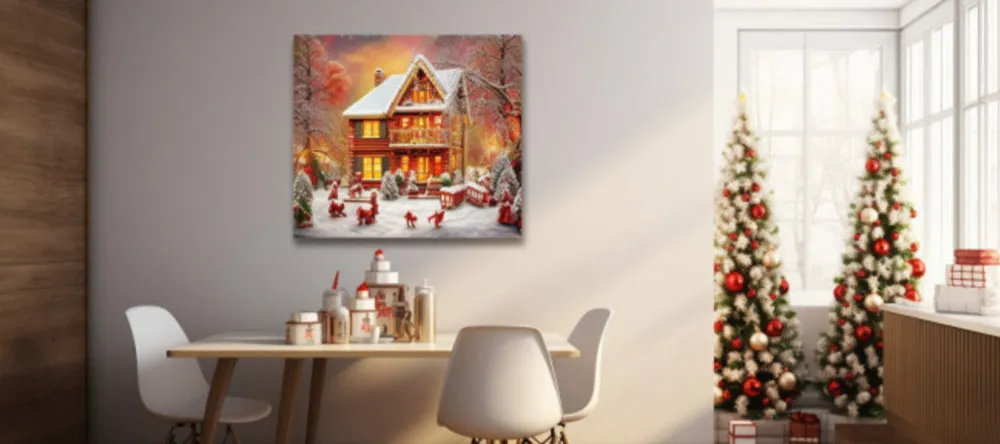Christmas Canvas Art. Room in flat with Christmas themed canvas print on wall.