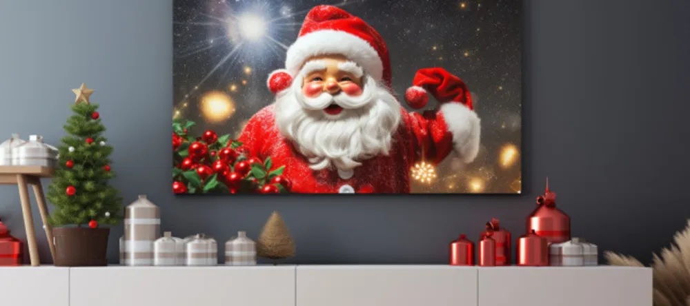 Christmas Canvas Art. Canvas print featuring Santa hung on wall.