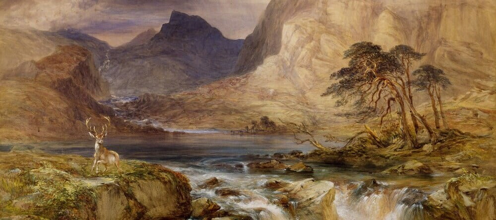 What is a Giclee Print? Painting of mountain stream and stag.