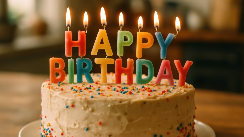 A beautifully wrapped birthday gift with a 'Happy Birthday' tag, alongside festive confetti, symbolising the joy of giving birthday messages and wishes.