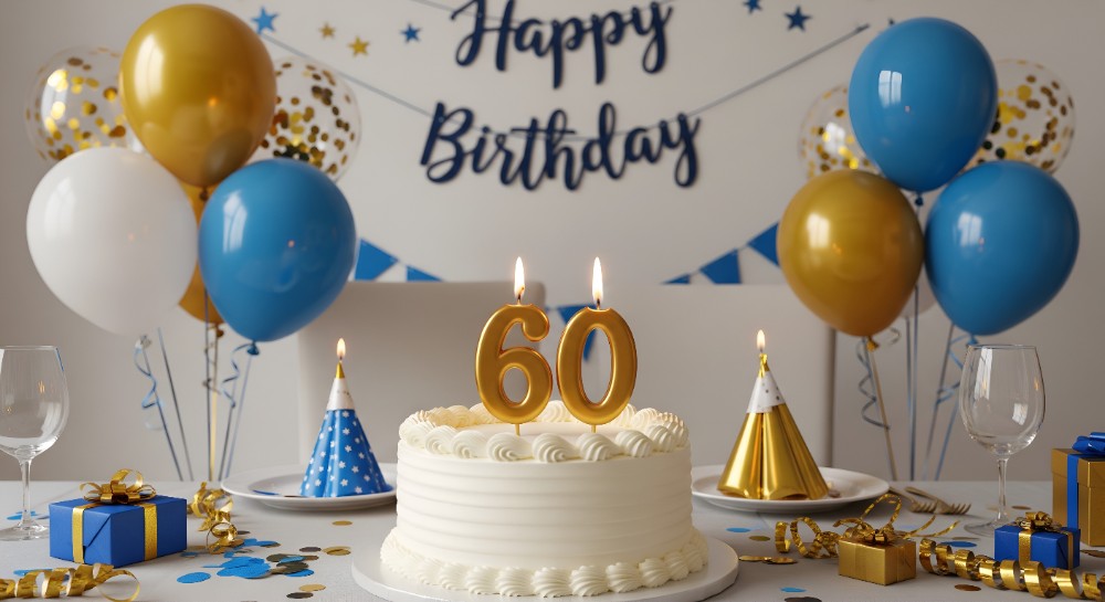 A elegant birthday cake with the number 60, surrounded by gifts and celebratory items, symbolizing significant birthday wishes for a sixtieth birthday.