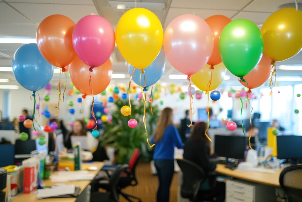 Colleagues celebrating a birthday in an office setting, representing professional and appropriate birthday messages for acquaintances.