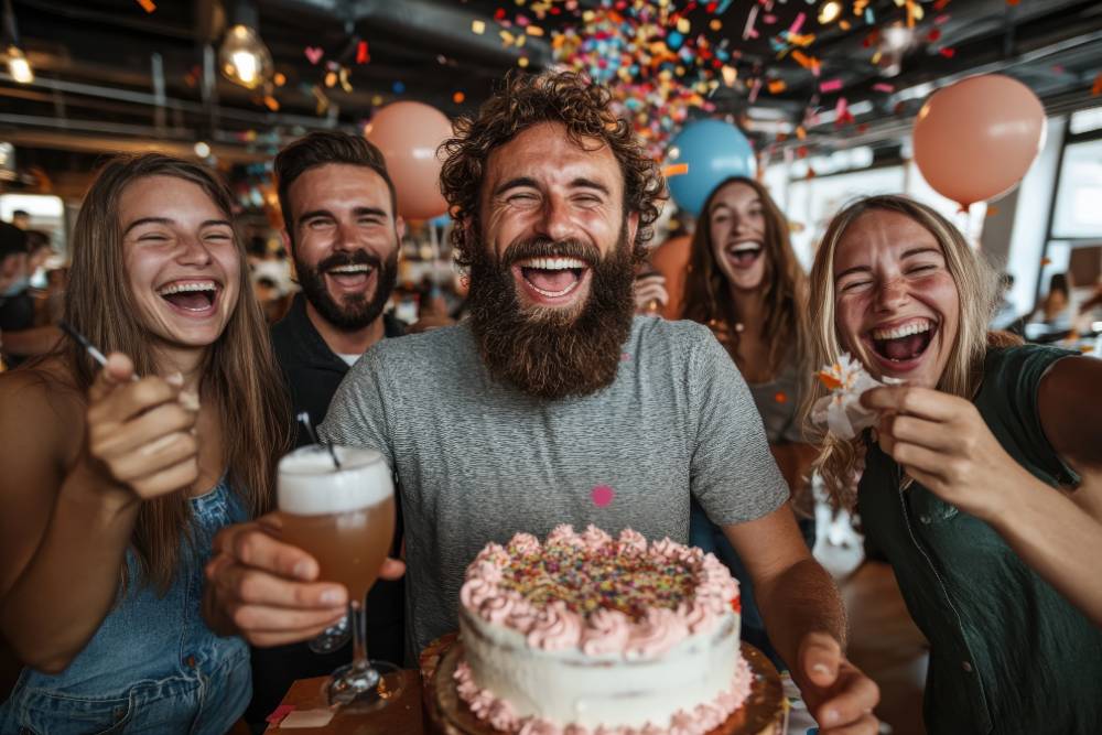 Friends laughing and celebrating a birthday