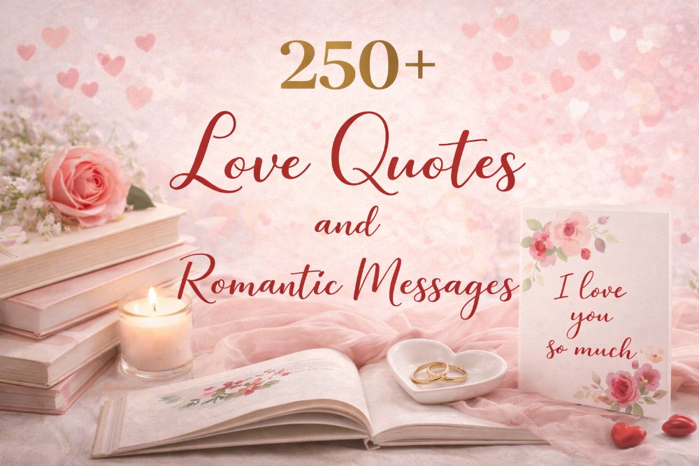 Romantic bedroom with a canvas print displaying a love quote, soft lighting, and pillows