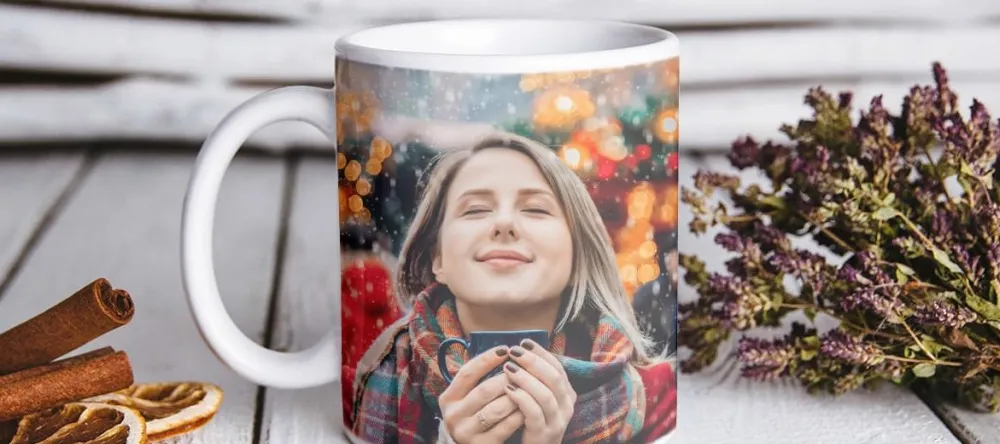 Unusual stocking fillers. Personalised photo mug with christmas motif.