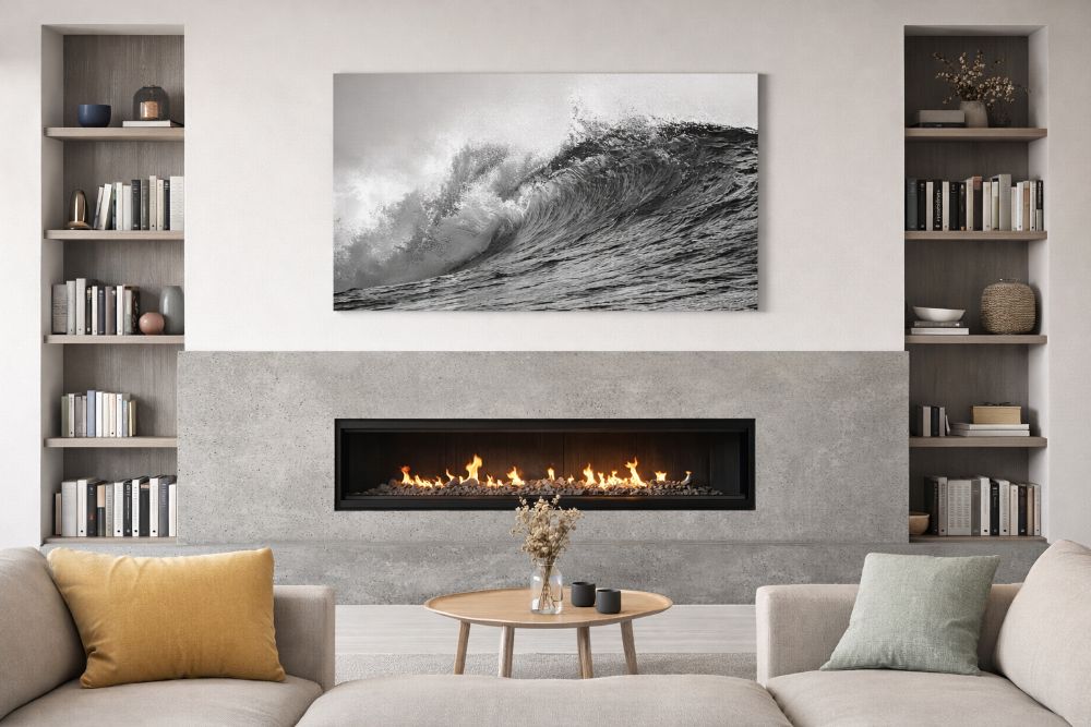 Large feature wall decorated with a variety of canvas prints