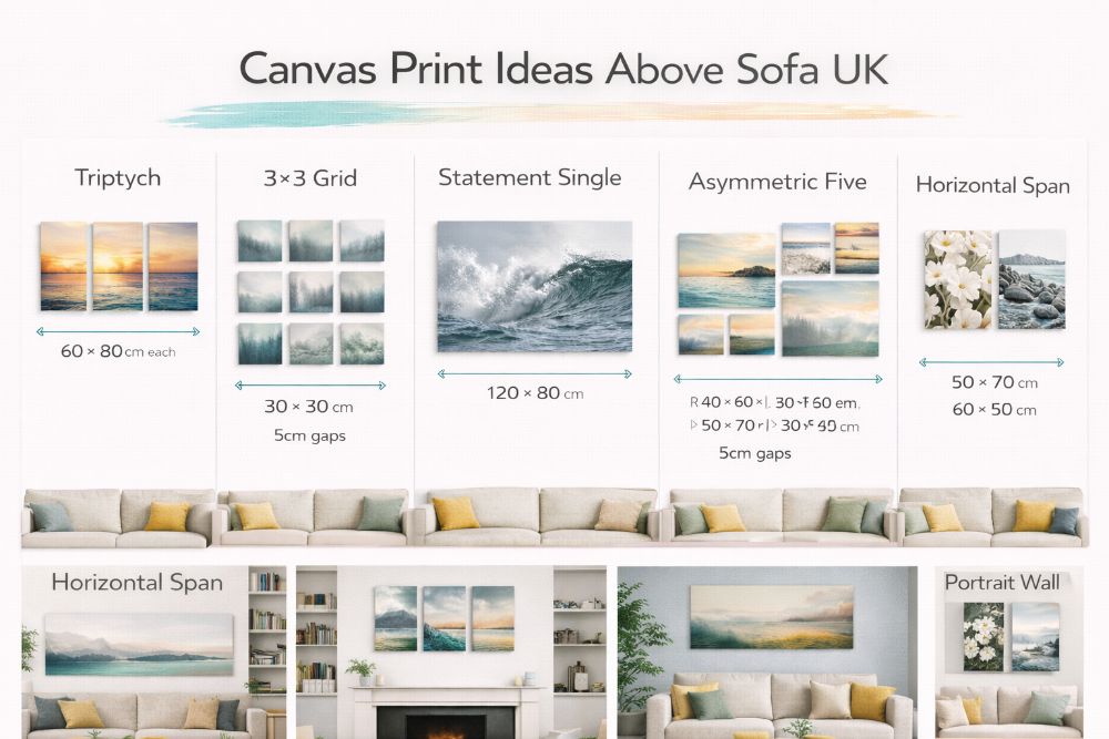 Canvas arrangement ideas for the wall above a living room sofa