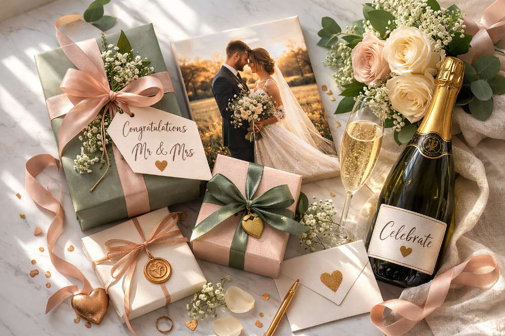 A happy couple celebrating their wedding day