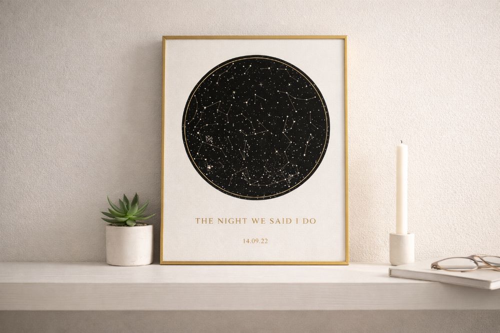 A personalised star map showing the night sky of a wedding date