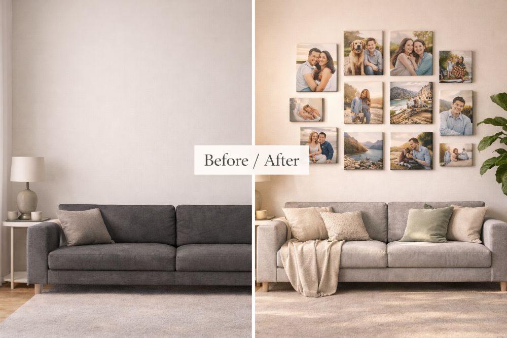 A person admiring their newly installed gallery wall
