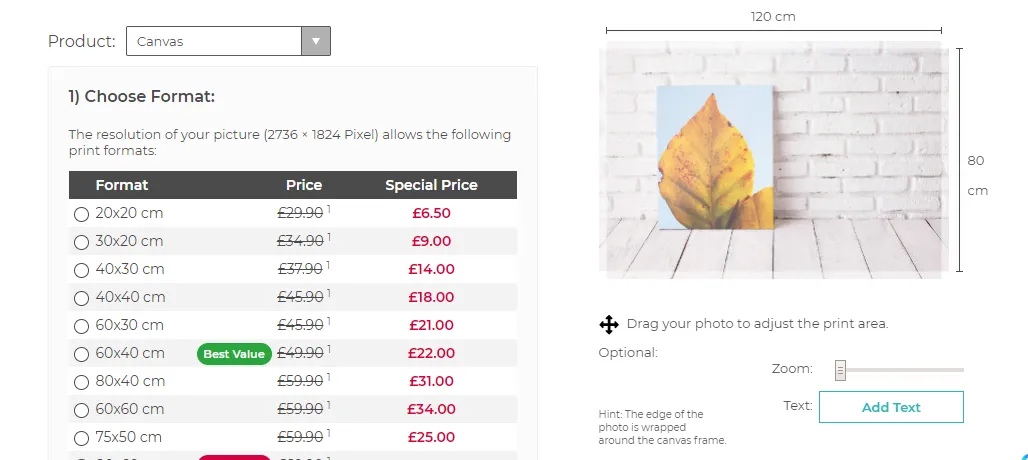 How to make canvas print from photo. Preview window with canvas formats and effects.