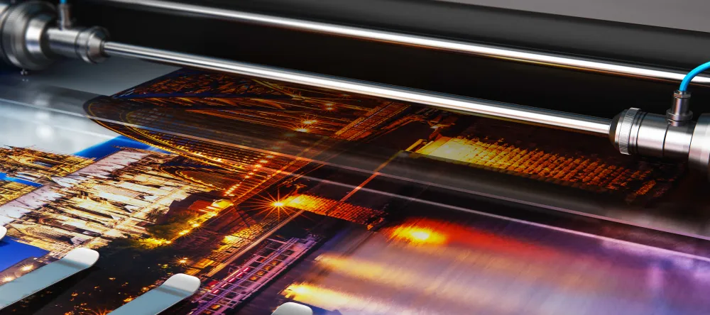 How to make canvas print from photo. Canvas printing press close up photo.