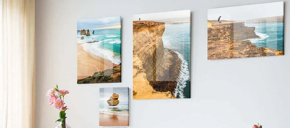 What is an Acrylic Print? Gallery wall with multiple photo acrylic prints.