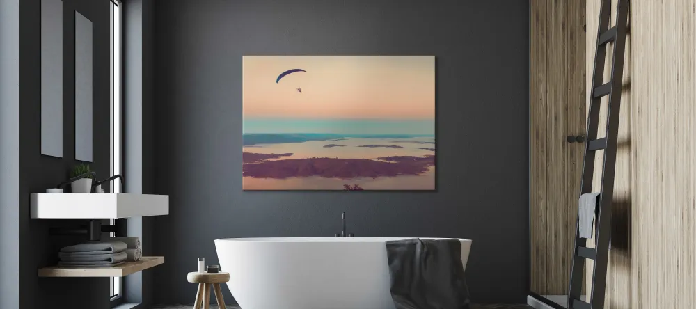 Can You Hang Canvas Prints in a Bathroom? Canvas photo print in modern bathroom interior.