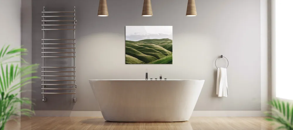 Can You Hang Canvas Prints in a Bathroom? Photo print displayed in contemporary bathroom interior.