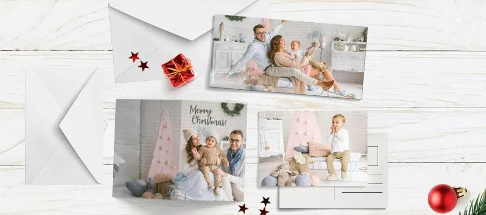 Personalised Photo Christmas Cards. Beautiful Christmas photo cards on table.
