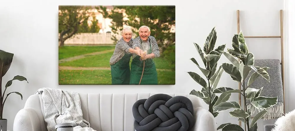 What is Gallery Wrapped Canvas? Photo of happy elderly couple on canvas.