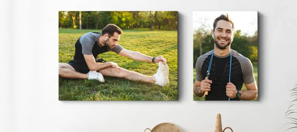What is Gallery Wrapped Canvas? Two canvas prints with photo of young man.