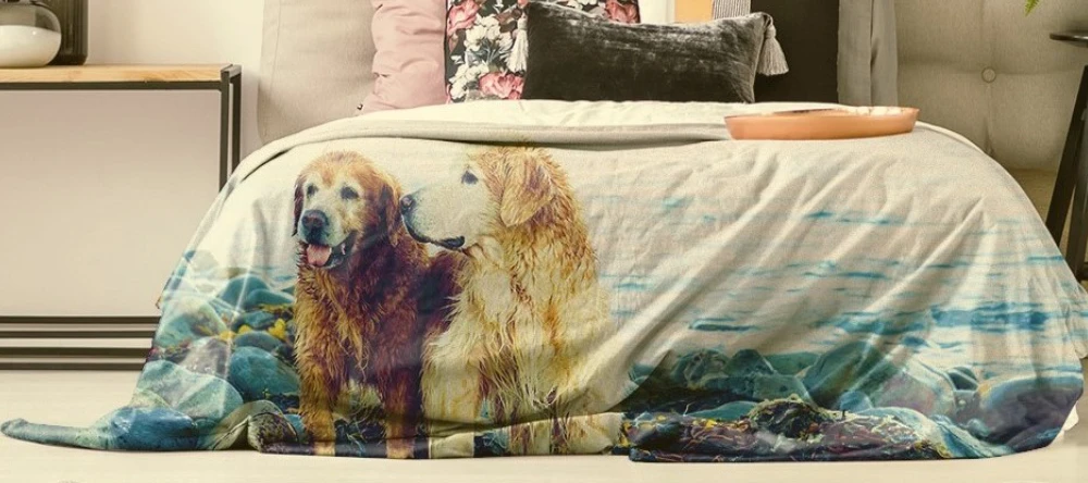 Latest lifestyle trend personalised photo blanket. Photo blanket with two dogs. 