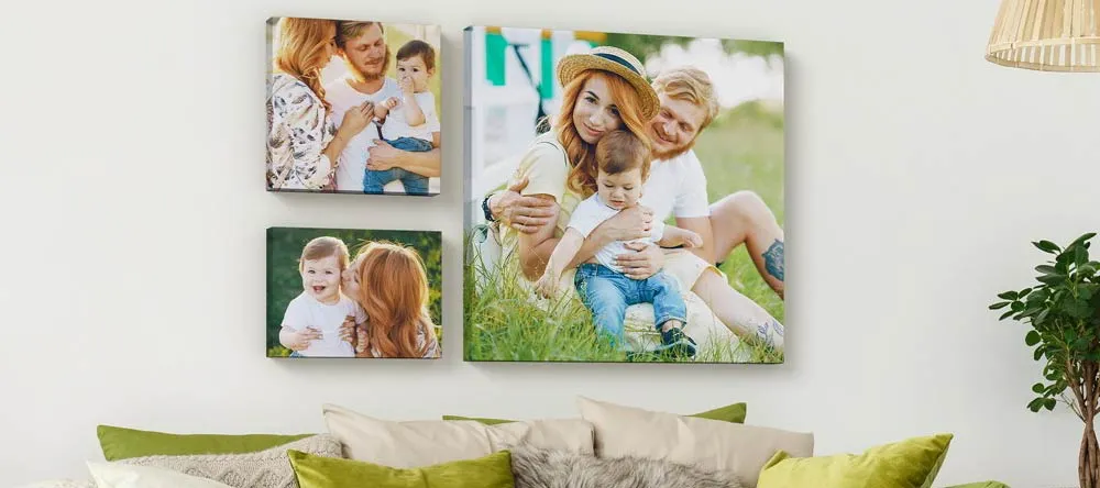 Acrylic vs Canvas Prints: Which is Better? Lovely canvas gallery wall featuring family photos.