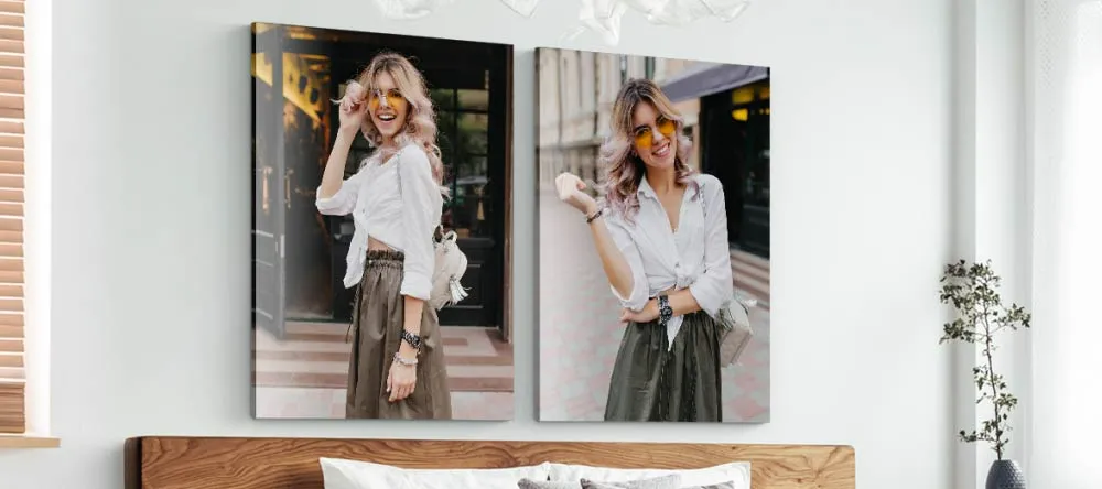 Acrylic vs Canvas Prints: Which is Better? Two beautiful photo acrylic prints displayed above bed.