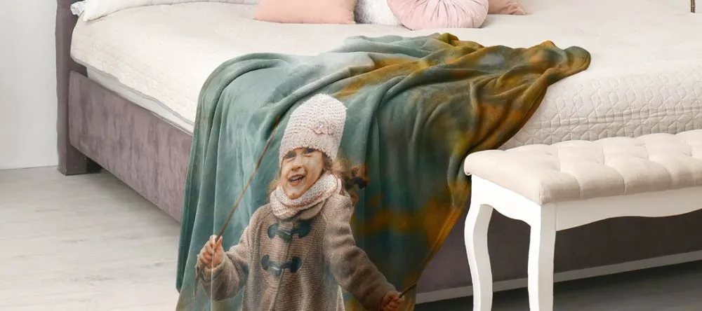 How to Wash a Photo Blanket. Personalised photo blanket on bed. 