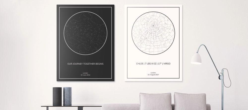 Personalised Star Map: A Stunning New Gift Idea. Two black and white star map prints on wall.
