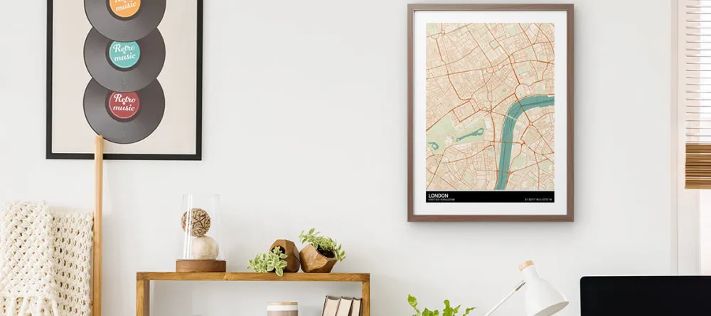 Where Can I Get a London Map Print? City Map print of London displayed in a living room