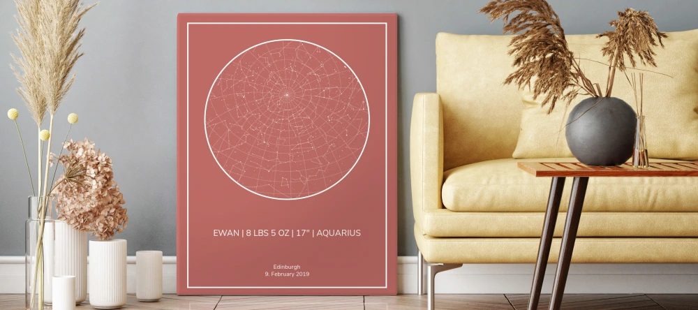 What do you take to a baby shower. Print showing constellations next to a sofa.