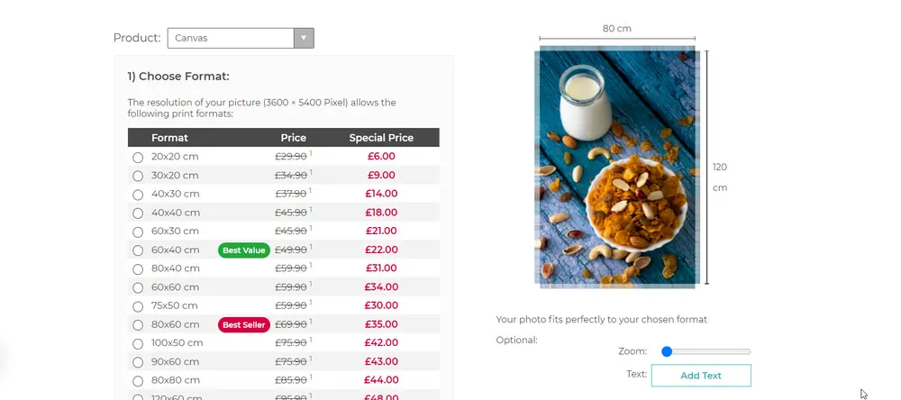 Canvas Pictures for Living Room. Webshop showing list of print formats.