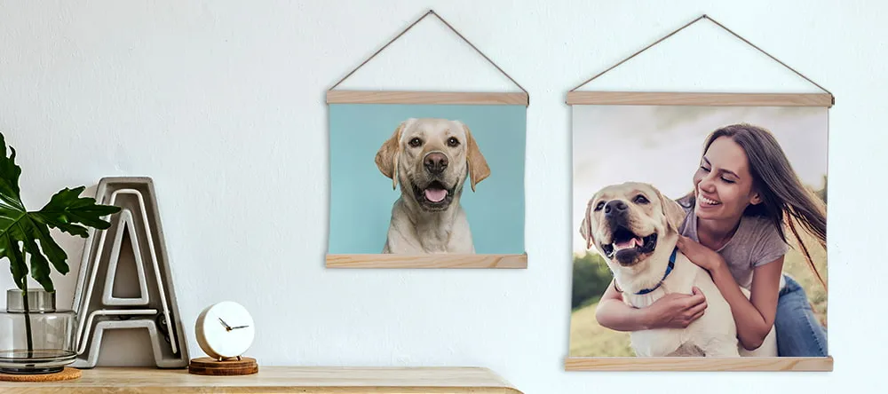 What is a Rolled Canvas Print? Two canvas prints suspended on wall showing photos of dog.