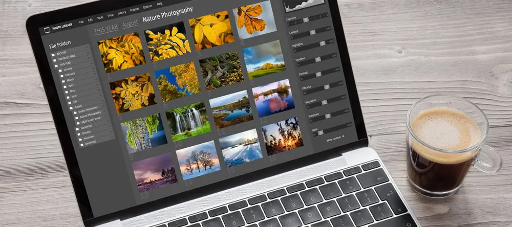 How to Make a Photo Collage. Laptop showing grid of autumnal photos.
